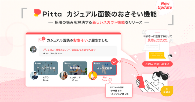 カジュアル面談のPitta、人事の悩みを解決する新しいスカウト機能をリリース。より簡単に現場メンバーと候補者をつなぐことが可能に