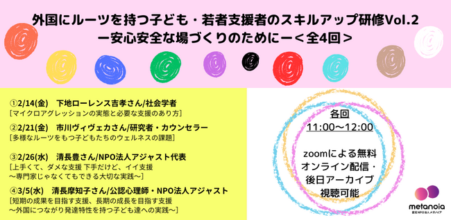 外国にルーツをもつ子ども・若者支援者のスキルアップ研修Vol.2をオンラインで無料開催（認定NPO法人メタノイア）