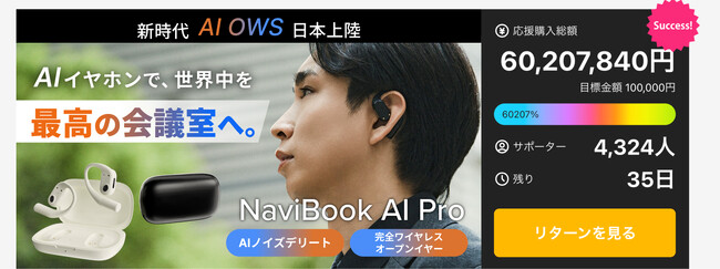 Makuakeにて応援購入総額6,000万円を達成！OWS＋AI完全ワイヤレス・オープンイヤー型イヤホン「NaviBook AI Pro」