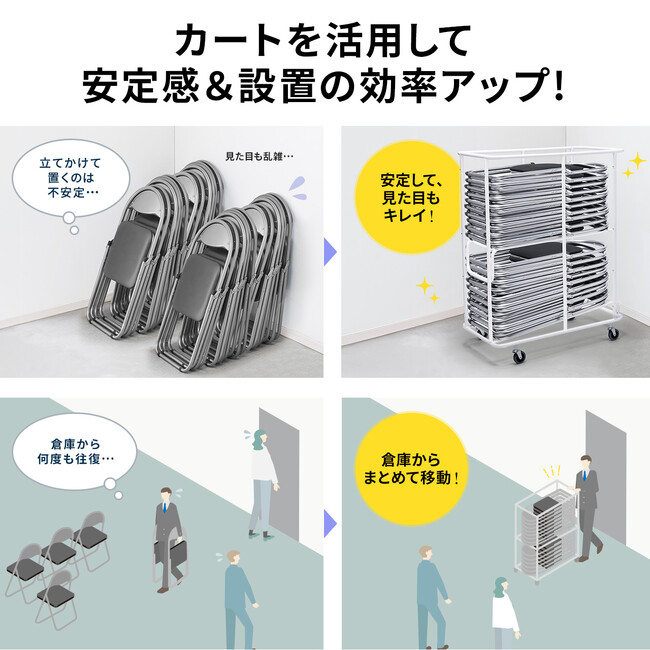 折りたたみ椅子を20脚までまとめて収納！大型キャスターで容易に移動ができるパイプ椅子収納カートを発売