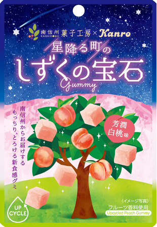 南信州菓子工房と共同開発したアップサイクルグミ カンロ 「しずくの宝石グミ芳潤白桃味」 発売