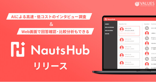ヴァリューズ、AIによる高速・低コストのインタビュー調査＆Web画面で回答確認・比較分析もできる「NautsHub」をリリース