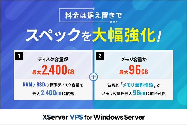 サーバー性能・コスパNo.1の『XServer VPS』、Windows搭載プランにおいてもスペックを大幅強化！ディスク容量が最大24倍＆メモリ1.5倍でさらに圧倒的なサーバー環境へ