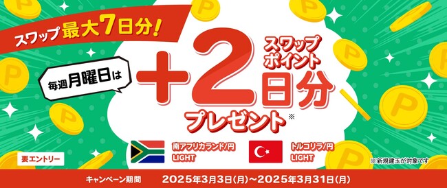 【LIGHT FX】「スワップ最大7日分！毎週月曜日はスワップポイント＋2日分プレゼントキャンペーン」を開催！
