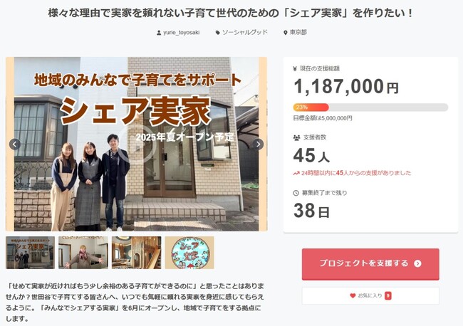 クラウドファンディング開始初日で100万円突破！世田谷に「シェア実家」をオープンし、地域で子育てを支える拠点づくりへ