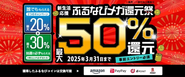 最大50％分の「ふるなびコイン」が還元される「最大50%分還元！2025新生活応援ふるなびメガ還元祭」を開始！