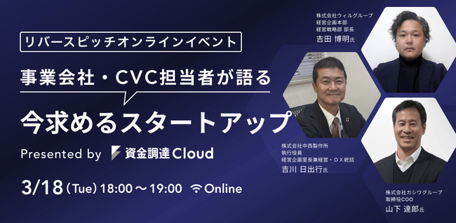 資金調達クラウド、リバースピッチイベントを3月18日に開催。「今求めるスタートアップ」をテーマに積極出資企業3社が登壇