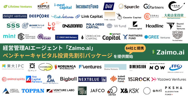 経営管理AIエージェント「Zaimo.ai」、VC64社と提携し、「VC/CVC投資先向け提携割引パッケージ」の提供を開始