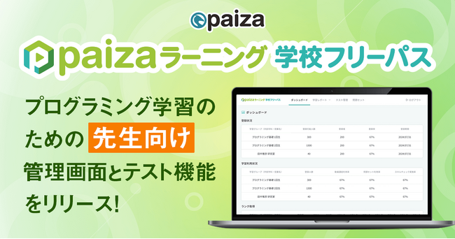 「paizaラーニング 学校フリーパス」、プログラミング学習のための先生向け管理画面とテスト機能をリリース！