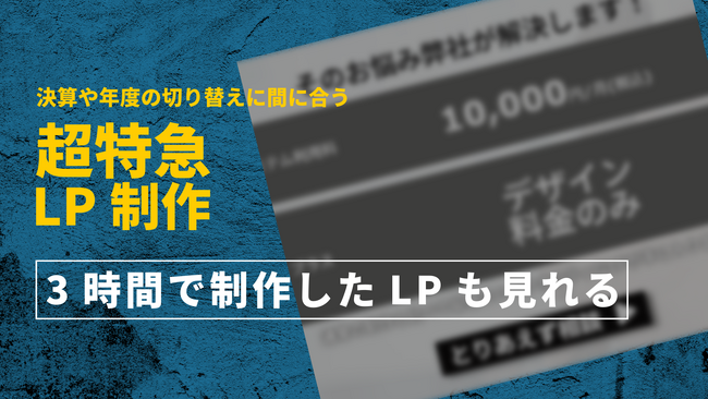 3月決算に間に合う。超特急LP制作承ります。制作物＋ノーコードシステムの利用で30万前後。話題のスワイプ操作型のLPにも対応。今だけの特別対応