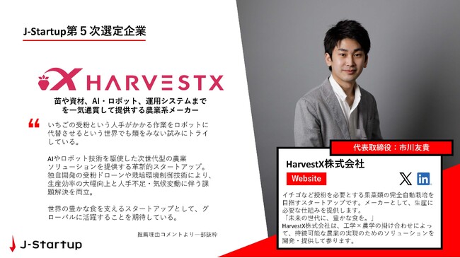 HarvestXは、経済産業省が運営するスタートアップ支援プログラム「J-Startup」の第5次選定企業に選出されたことをお知らせします。