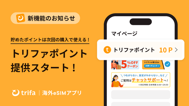 海外eSIMアプリ「トリファ」、新機能「トリファポイント」をリリース！