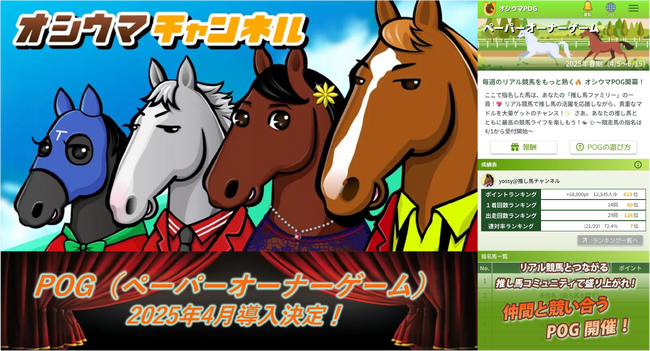 ゲーミングSNS『オシウマチャンネル』1万人の“推し活”が熱狂するPOG機能を4月より開始 ～リアル競馬×コミュニティで「推し馬」を育てる新体験を提供～