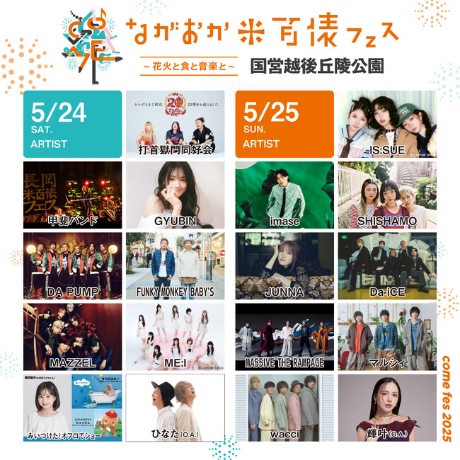 ながおか 米百俵フェス ～花火と食と音楽と～ 2025全出演アーティスト発表！タイムテーブルも公開！