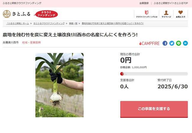 兵庫県川西市とさとふる、竹炭生産の復興による竹林整備と土壌改良を行い、「ジャンボにんにく」を川西市の新たな特産品にするため、寄付受け付けを開始