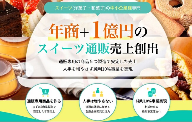 スイーツ(洋菓子・和菓子)の中小企業様専門の「年商＋１億円を目指す通販サービス」を開始！