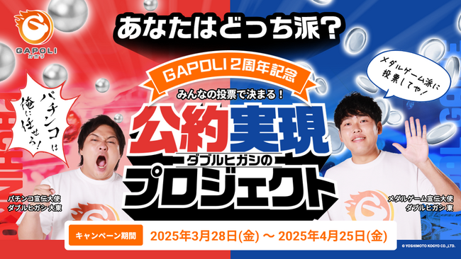 あなたはどっち派？「パチンコ派」VS「メダルゲーム派」お笑いコンビ「ダブルヒガシ」が各派閥の代表に就任し投票対決開始！投票でゲームの未来が変わる『GAPOLI』2周年記念キャンペーン開催