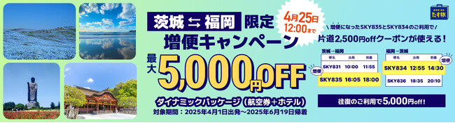 スカイマークの茨城⇔福岡線が増便でさらに便利になります！『増便キャンペーン』スカイマーク公式ダイナミックパッケージ『たす旅』で対象便ご利用の方に最大5,000円OFFクーポンが利用可能！4/25まで！