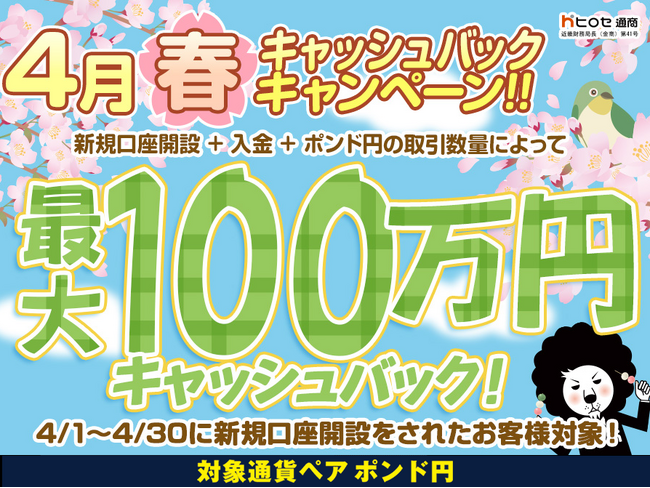 【新規口座開設限定】4月春最大100万円キャッシュバックキャンペーン！を実施