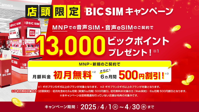 【BIC SIM】ビックカメラグループ店舗限定でビックポイント最大15,000ポイント還元！スマホデビューにおすすめな人気格安スマホも割引