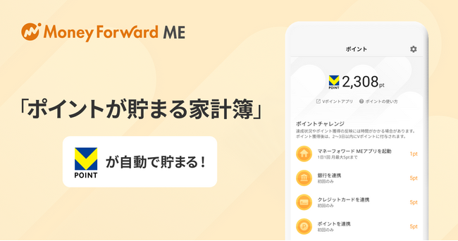『マネーフォワード ME』、「ポイントが貯まる家計簿」機能で家計管理アクションに応じたVポイントが自動で貯まるアップデートを実施