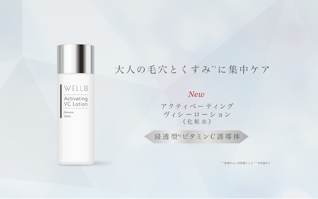 新発売　WELL8アクティベーティングVCローション　大人の毛穴とくすみ*1に集中ケア！浸透型*2ビタミンＣ誘導体「GO-VC*3」ビタミンＥ誘導体「TPNa*4」ビタミンB3「ナイアシンアミド」配合