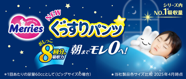 メリーズ内No.1*1 の吸収量で、朝までモレ０へ！キッズ用パンツ『メリーズ ぐっすりパンツ』　2025年4月12日新発売
