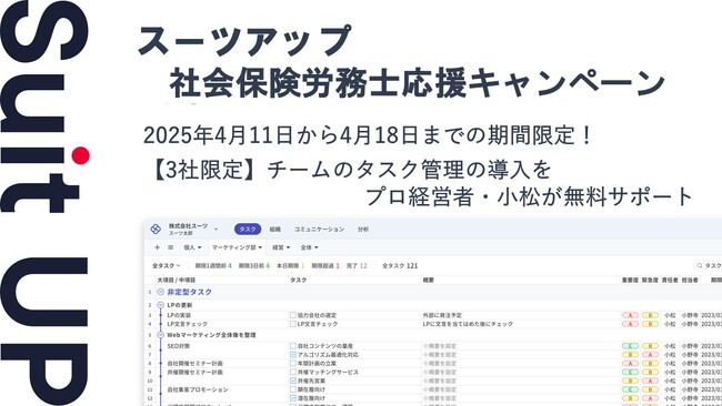 チームのタスク管理・プロジェクト管理ツール「スーツアップ」、社会保険労務士応援キャンペーン