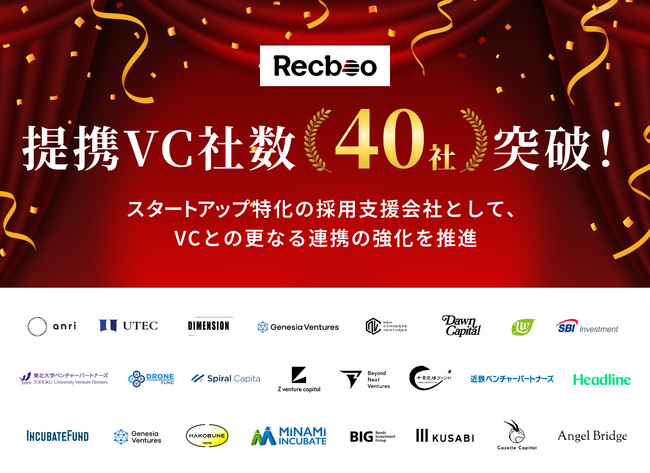 【Recboo】VC提携40社突破！スタートアップの中途採用支援体制を強化。スタートアップ特化の人事コミュニティの事前募集も開始。