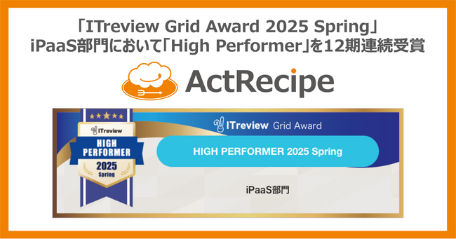 iPaaS「ActRecipe」が「ITreview Grid Award 2025 Spring」において「High Performer」を12期連続受賞