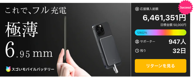 大容量なのに超薄6.9mmでスマホ世代の新定番アイテム「スゴいモバイルバッテリー Ver.2」先行予約販売をMakuakeにて開始