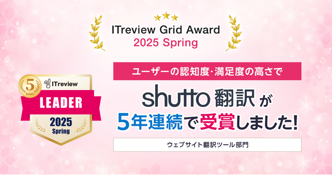 「ITreview Grid Award 2025 Spring」でウェブサイト翻訳ツール「shutto翻訳」が5年連続受賞！
