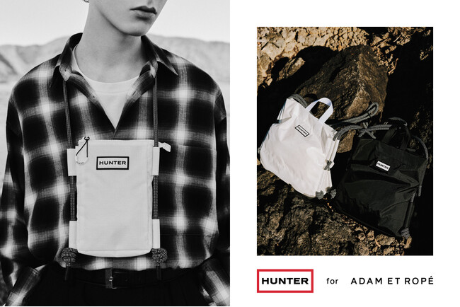 英国の老舗ブランドHUNTER と ADAM ET ROPE'の別注アイテム第2弾ブラックフレームのロゴが目を惹く、耐久性に優れた軽量バッグ2型が発売！