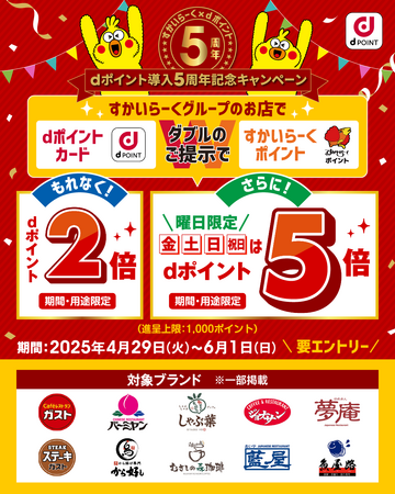 すかいらーくグループにおいて「dポイント導入5周年記念！dポイント最大５倍キャンペーン！」を開催