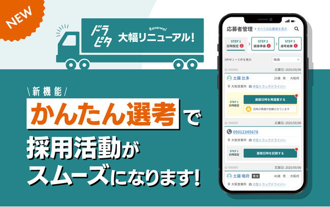 運送・物流業に特化した専門求人サイト『ドラピタ』が、『ドラピタ』が企業向け管理機能を大幅リニューアル！第一弾として採用活動がスムーズになる「かんたん選考」をリリースしました！