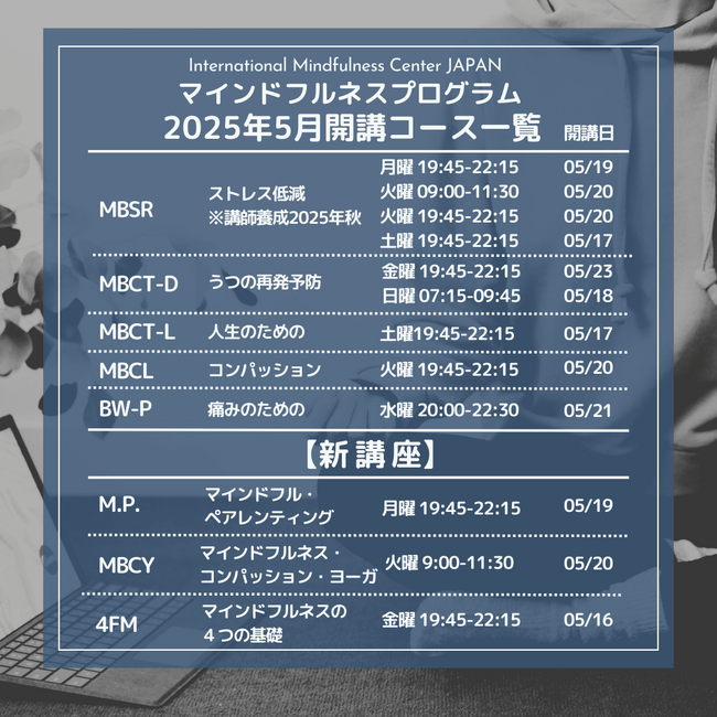 【受講者募集開始】５月開講　エビデンスに基づくマインドフルネス 各種８週間コース