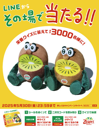 史上最大！今年最後のチャンス！キウイブラザーズのぬいぐるみが3000名様にその場で当たる　キウイのチカラ大発見！栄養クイズ