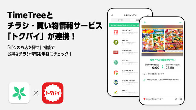 TimeTreeとチラシ・買い物情報サービス「トクバイ」が連携！都内約3000のスーパー・ドラッグストア公開カレンダーから「近くのお店を探す」機能でお得なチラシ情報を手軽に確認可能に