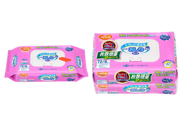 ふき取った後の汚れの再付着を防ぐ汚れガード成分配合「トイレに流せるパッとおしりふき72枚」プラス８枚増量品 発売！