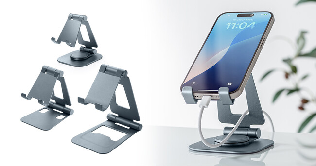 ケースを付けたままでも置ける2関節で角度を自由に調整可能な折りたたみモバイルアルミスタンドを発売