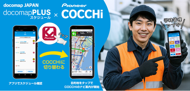 パイオニア社のカーナビアプリ「COCCHi」とドコマップジャパンの車両管理サービス「DoCoMAP」とが連携