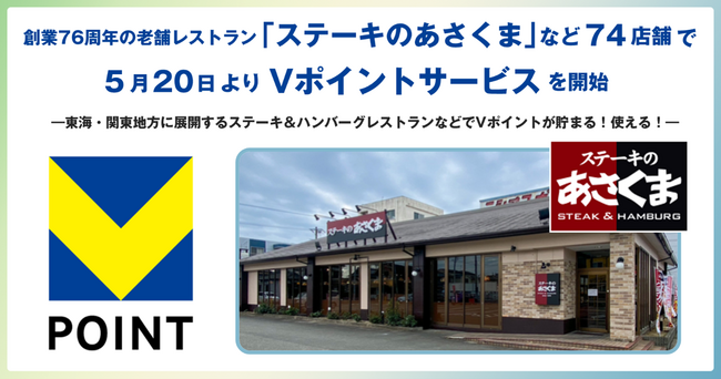 創業76周年の老舗レストラン「ステーキのあさくま」など74店舗で5月20日よりVポイントサービスを開始