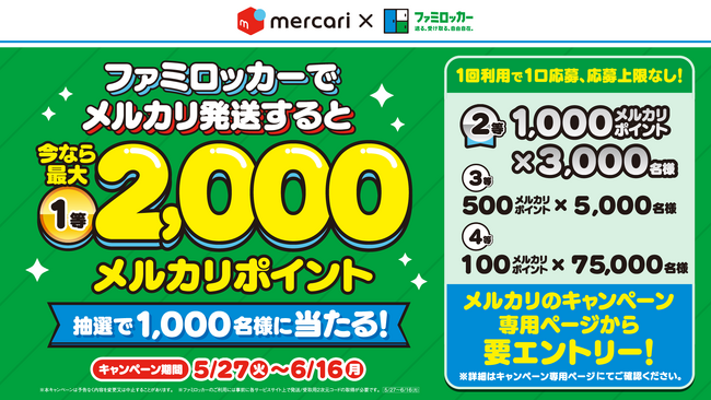 メルカリ利用者におトク情報！圧倒的時短！レジでの発送が面倒な人、注目「ファミマのファミロッカーでメルカリ発送キャンペーン」を開催！ファミロッカー発送で総額1,500万円分のポイントが抽選で当たる