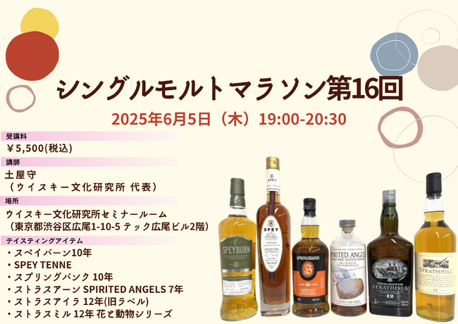 アルファベット順にスコッチのシングルモルトを飲んでいくセミナー「シングルモルトマラソン 第16回」6月5日（木）19時開催！