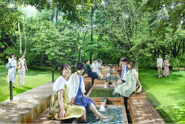 【星野温泉 トンボの湯】軽井沢の夏の涼を満喫！野鳥の森の湧水が流れる足水桶でトコトン涼を感じる！「トンボの足水浴」と「トンボの足水アイスバス」が登場