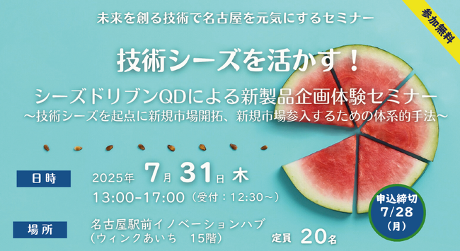 7月31日(木)未来を創る技術で名古屋を元気にするセミナー　　　技術シーズを活かす！シーズドリブンQDによる新製品企画体験セミナー　～技術シーズを起点に新規市場開拓、新規市場参入するための体系的手法～