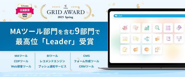 「b→dash」が、「ITreview Grid Award」の2025 SpringにおいてMAツール部門を含む9部門で最高位の「Leader」を受賞