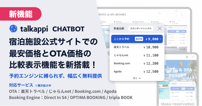 宿泊施設公式サイトでの最安価格とOTA価格の比較表示機能をtalkappi CHATBOTに新搭載！