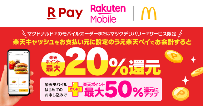 楽天ペイメントと楽天モバイル、全国の「マクドナルド」にて「楽天ポイント」最大50%還元のキャンペーンを実施