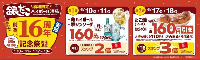 【 銀だこが、酒の “つまみ” になって16年！ 】銀だこ×ハイボールが楽しめる『全国の銀だこ酒場業態』で、6/10より “創業記念祭” 開催 !!